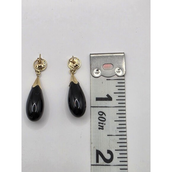 Black Onyx & Gold Color Drop Pierced Earrings Oriental Symbol 1 1/4" - Picture 6 of 6